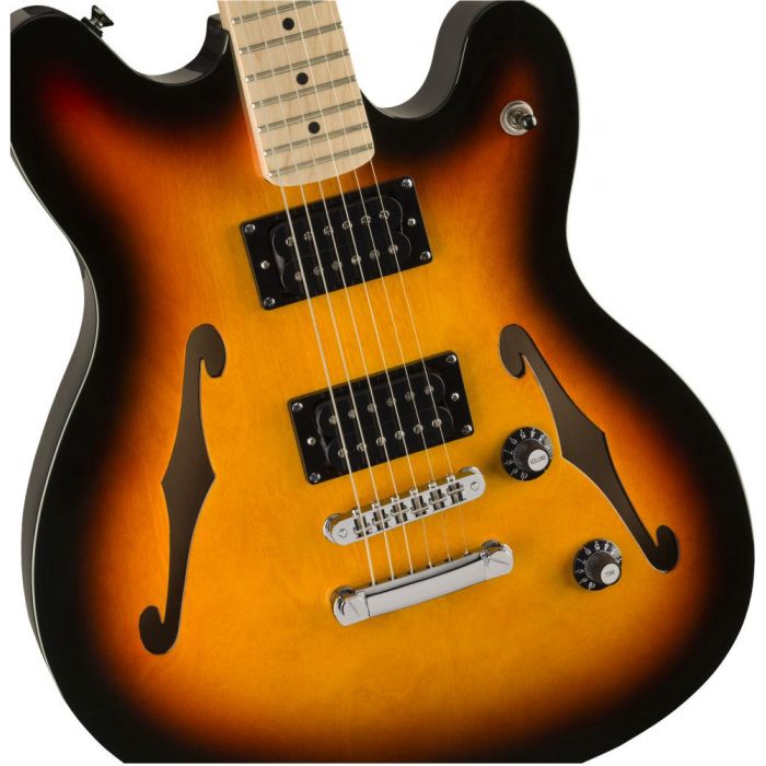 Front closeup view of a Squier Affinity Starcaster MN 3 Tone Sunburst