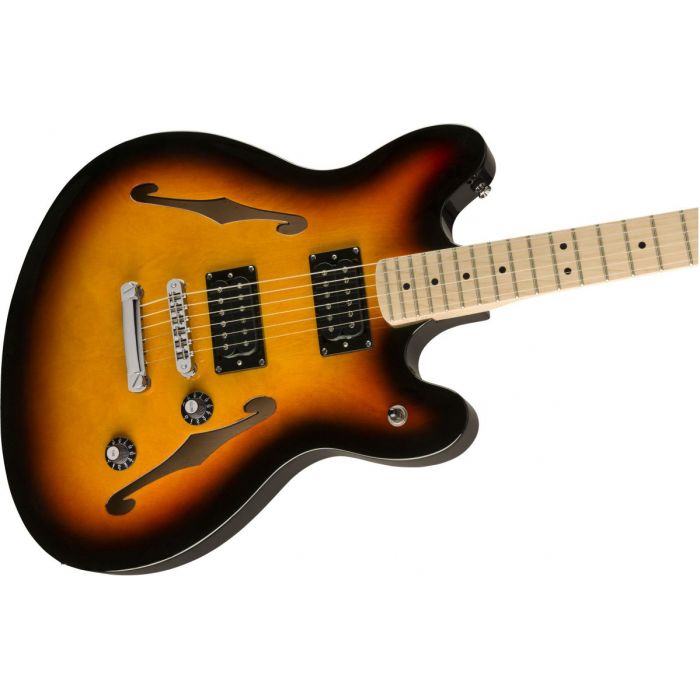 Front angled view of a Squier Affinity Starcaster MN 3 Tone Sunburst