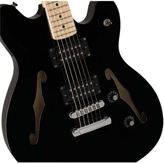 Front closeup view of a Squier Affinity Starcaster MN Black Finish