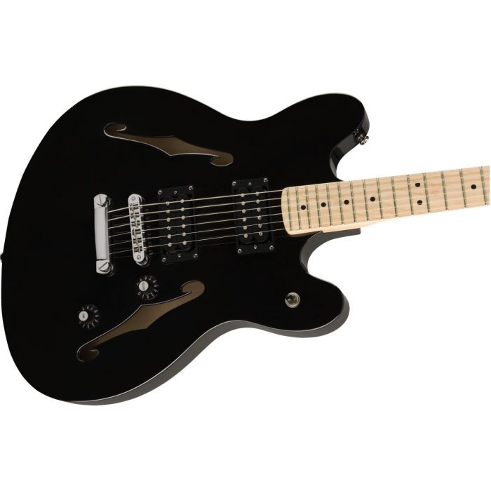 Front angled view of a Squier Affinity Starcaster MN Black Finish