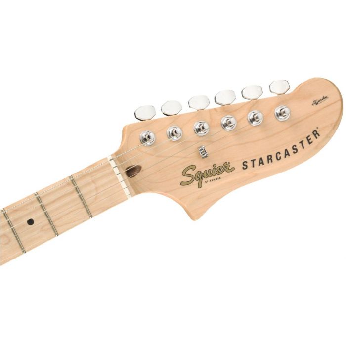 Front view of the headstock on a Squier Affinity Starcaster MN Black Finish