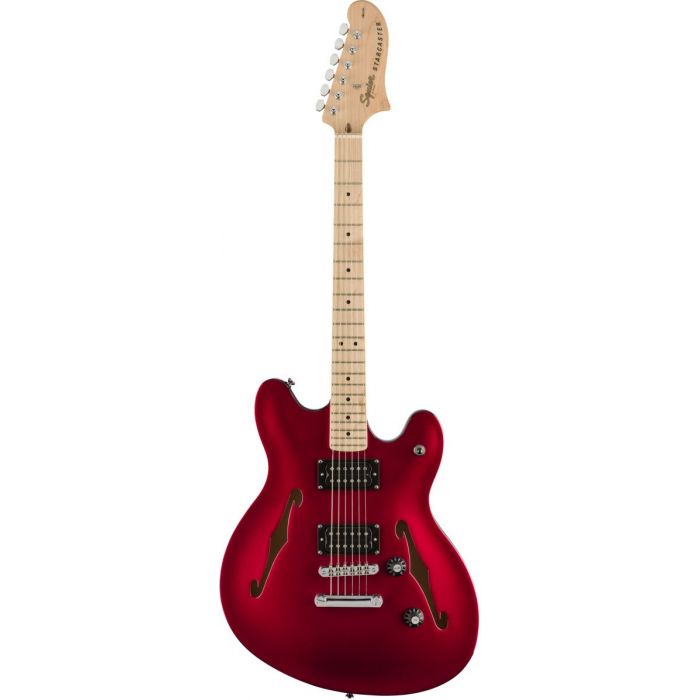 Full frontal view of a Squier Affinity Starcaster MN Candy Apple Red