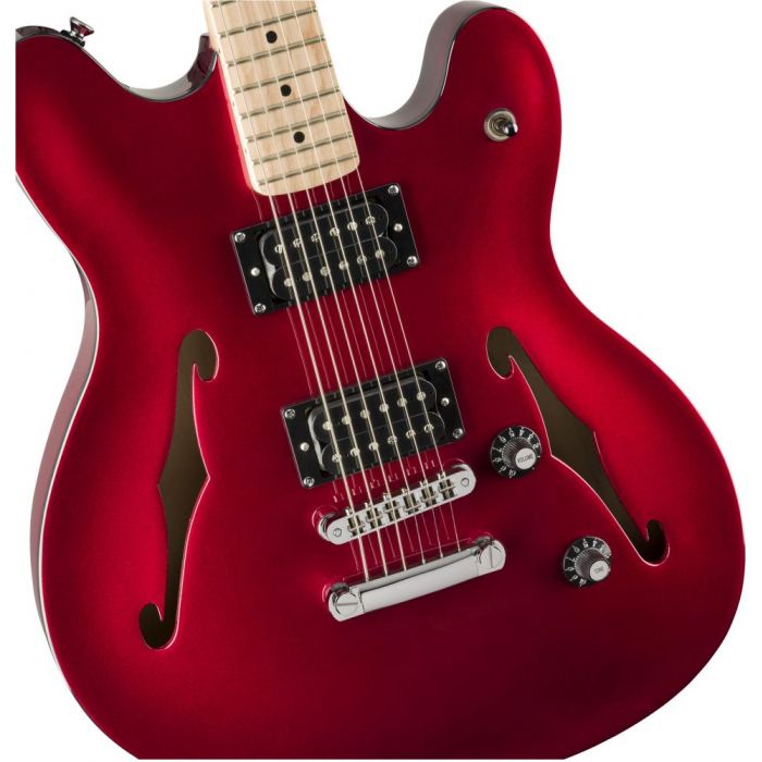 Front closeup view of a Squier Affinity Starcaster MN Candy Apple Red