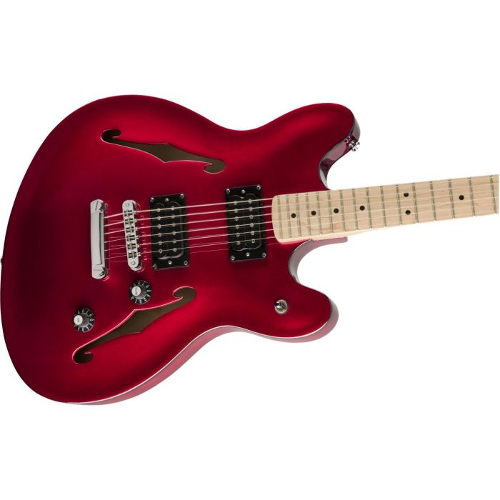 Front angled view of a Squier Affinity Starcaster MN Candy Apple Red