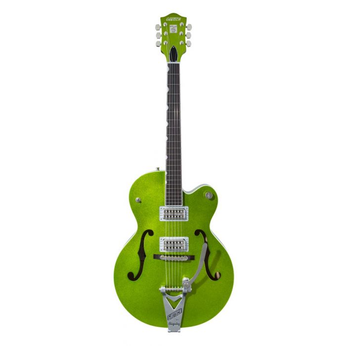 Full frontal view of a Gretsch G6120T-HR Brian Setzer Hot Rod Extreme Coolant Green Sparkle