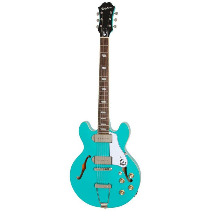 Full frontal view of a Epiphone Casino Coupe Turquoise Gloss