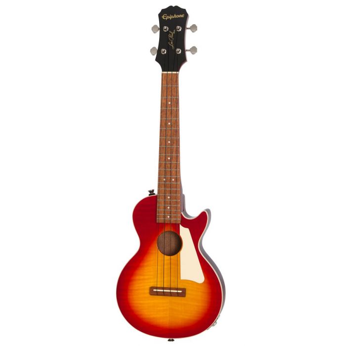Full frontal view of a Epiphone Les Paul Tenor Ukulele Outfit Heritage Cherry Sunburst