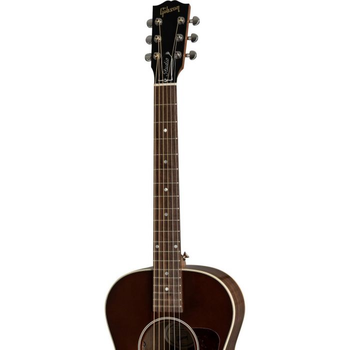 Closeup of the fretboard on a Gibson L-00 Studio Walnut Burst Electro Acoustic Guitar
