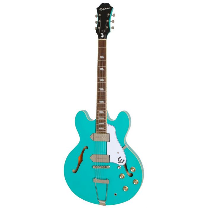 Full frontal view of a  Epiphone Casino Semi Acoustic in Turquoise Gloss