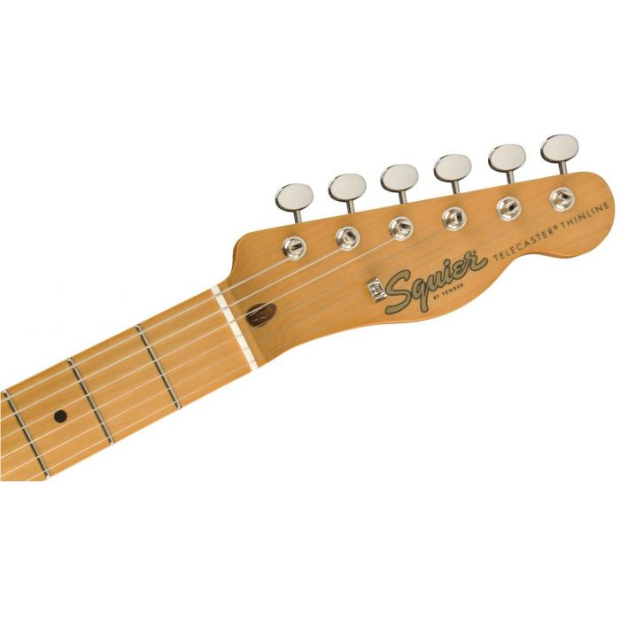 Front view of the headstock on a Squier Classic Vibe 60s Telecaster Thinline MN Natural