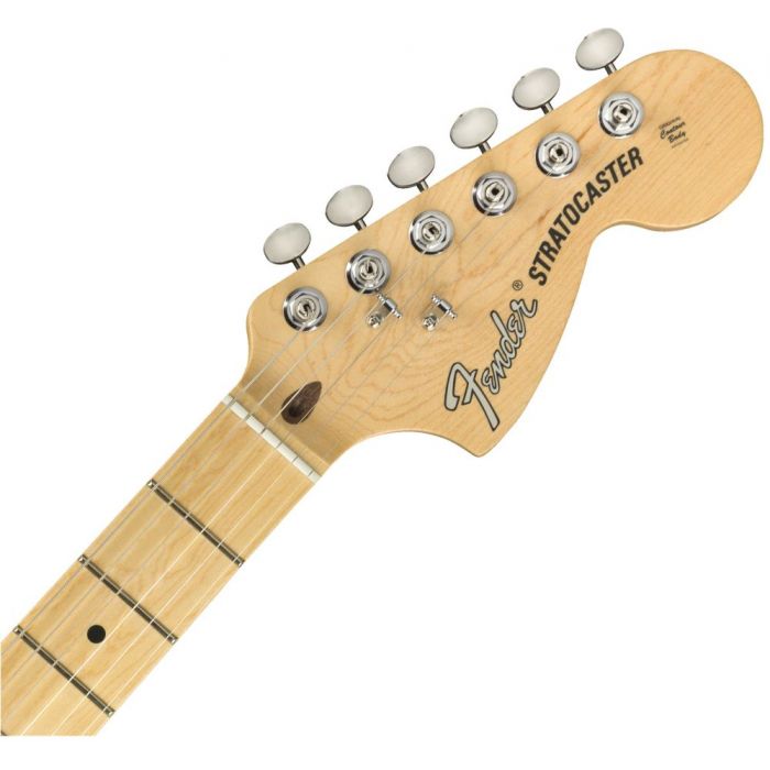 Front view of the headstock on a Fender American Performer Stratocaster HSS MN Satin Surf Green