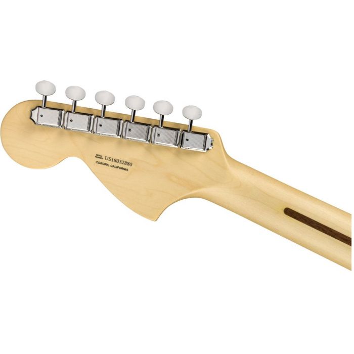 Rear view of the headstock on a Fender American Performer Stratocaster RW Arctic White
