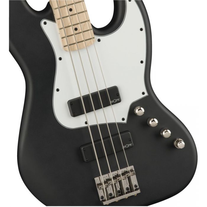 Front closeup view of a Squier Contemporary Active Jazz Bass HH Flat Black