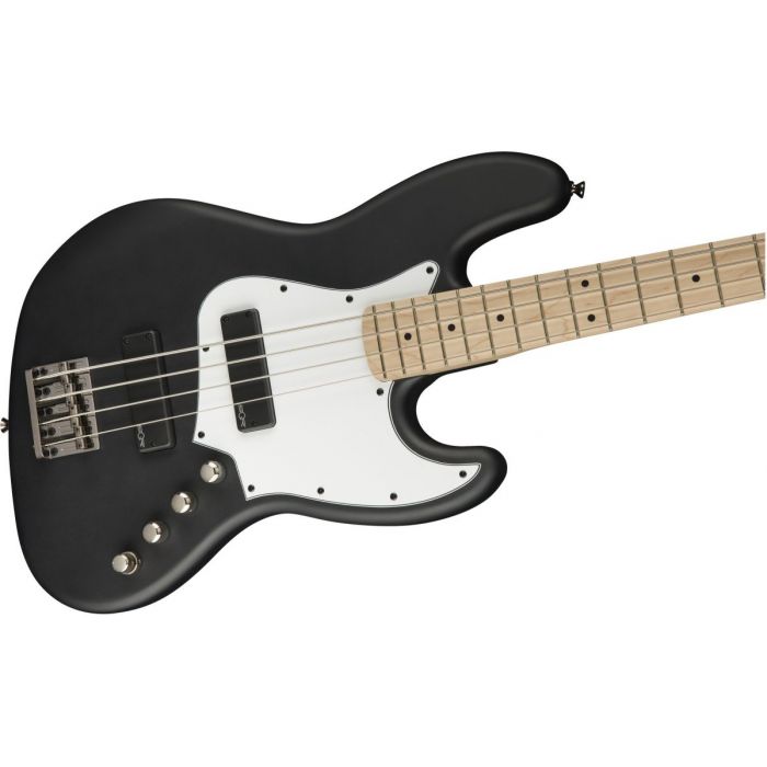 Front angled view of a Squier Contemporary Active Jazz Bass HH Flat Black