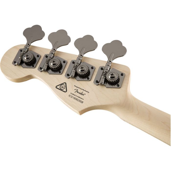 Rear view of the headstock on a Squier Contemporary Active Jazz Bass HH Flat Black