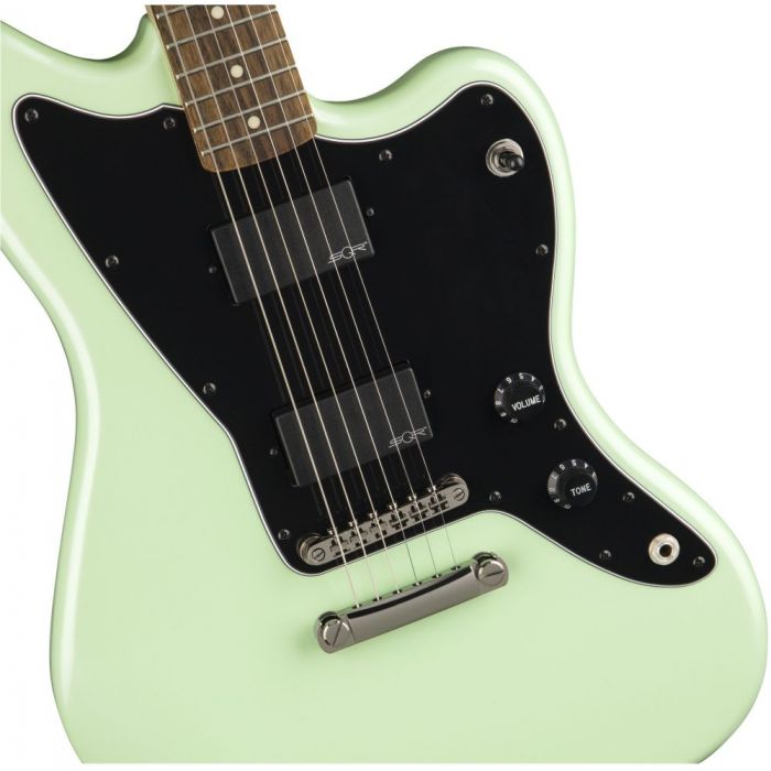 Closeup front view of a Squier Contemporary Active Jazzmaster HH ST Surf Pearl