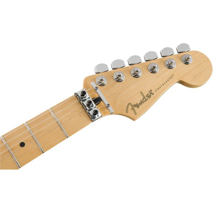 Front view of the headstock on a Fender Player Stratocaster FR HSS MN Polar White