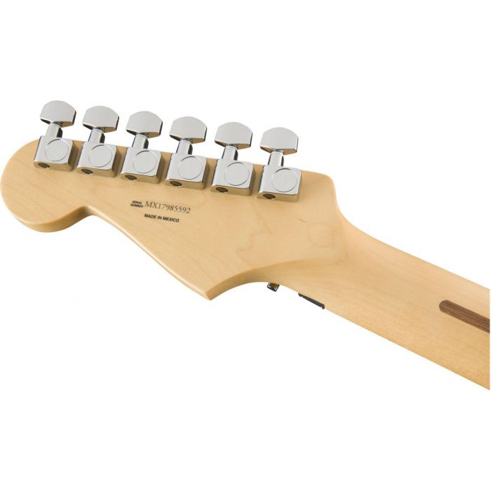 Rear view of the headstock on a Fender Player Stratocaster FR HSS MN Polar White
