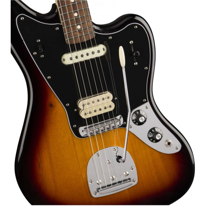 Front closeup view of a Fender Player Jaguar PF 3-Color Sunburst