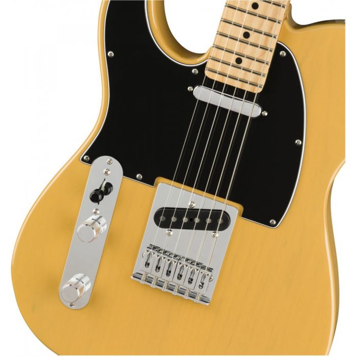 Front closeup view of a Fender Player Telecaster LH MN Butterscotch Blonde