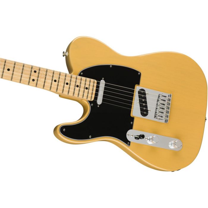 Front angled view of a Fender Player Telecaster LH MN Butterscotch Blonde