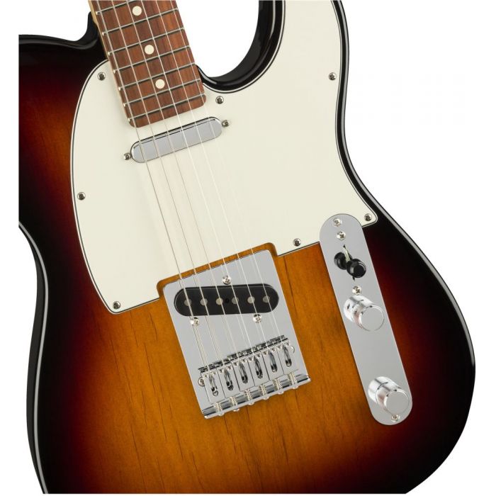Front closeup view of a Fender Player Telecaster PF 3-Colour Sunburst