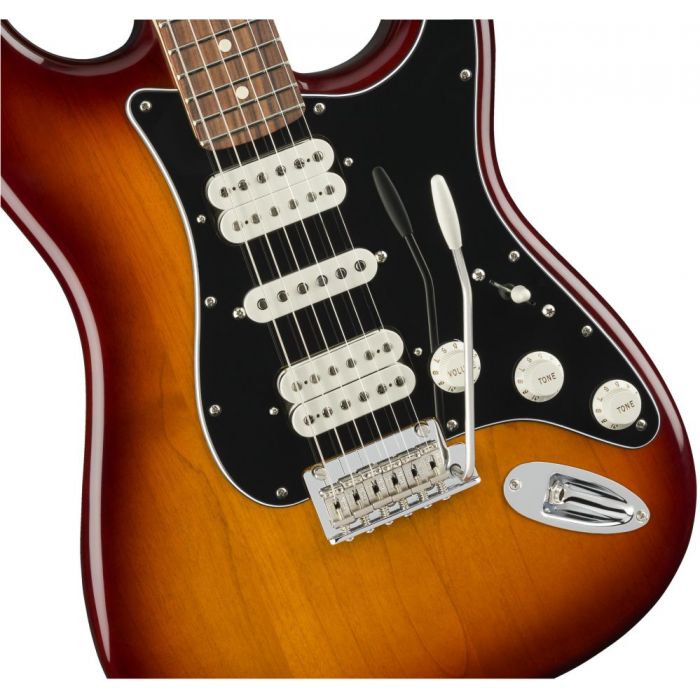 Front closeup view of a Fender Player Stratocaster HSH PF Tobacco Burst