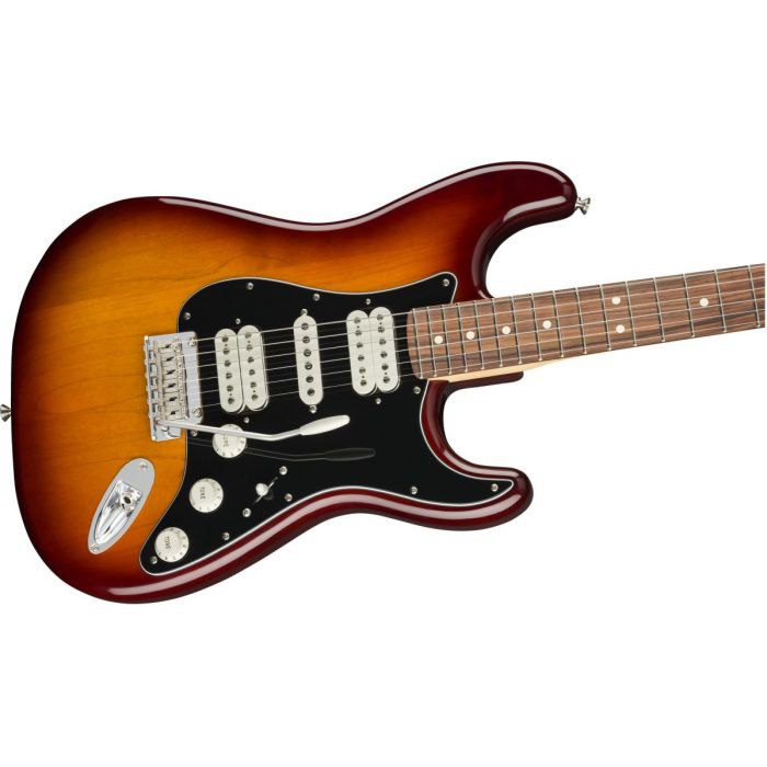Front angled view of a Fender Player Stratocaster HSH PF Tobacco Burst