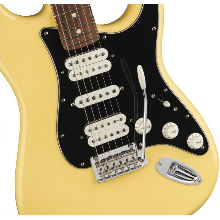 Front closeup view of a Fender Player Stratocaster HSH PF Buttercream