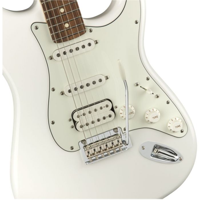 Closeup front view of a Fender Player Stratocaster HSS PF Polar White