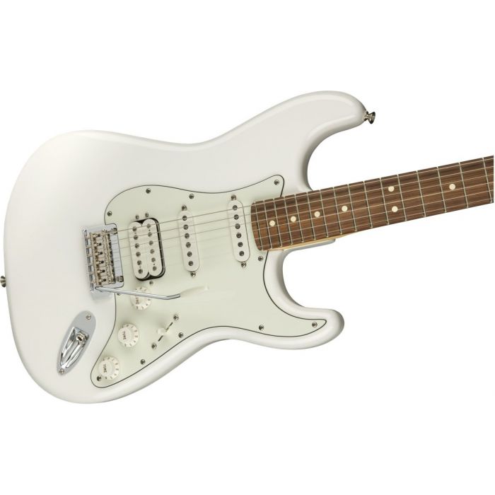 Front angled view of a Fender Player Stratocaster HSS PF Polar White
