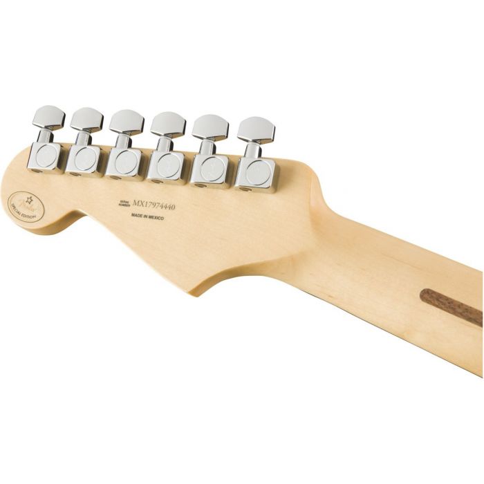Rear view of the headstock on a Fender Player Stratocaster HSS PF Polar White