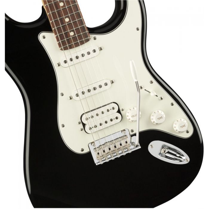 Front closeup view of a Fender Player Stratocaster HSS PF Black