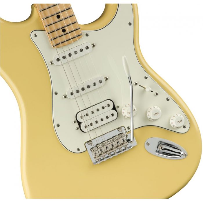 Closeup front view of a Fender Player Stratocaster HSS MN Buttercream