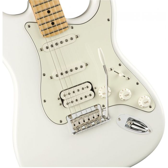 Front closeup view of a Fender Player Stratocaster HSS MN Polar White