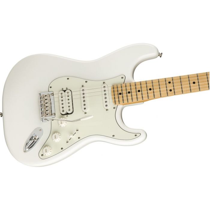 Front angled view of a Fender Player Stratocaster HSS MN Polar White