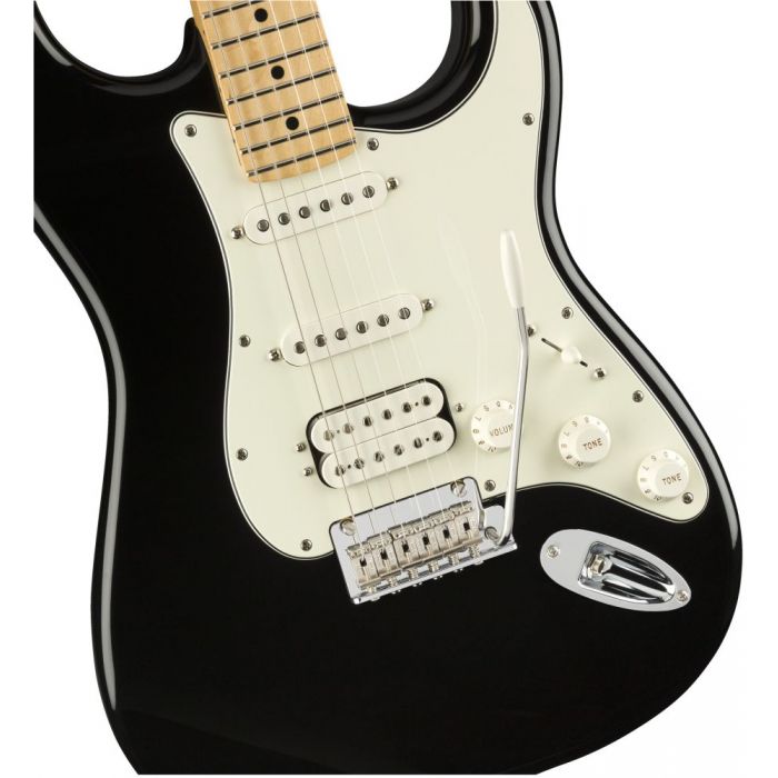 Front closeup view of a Fender Player Stratocaster HSS MN Black