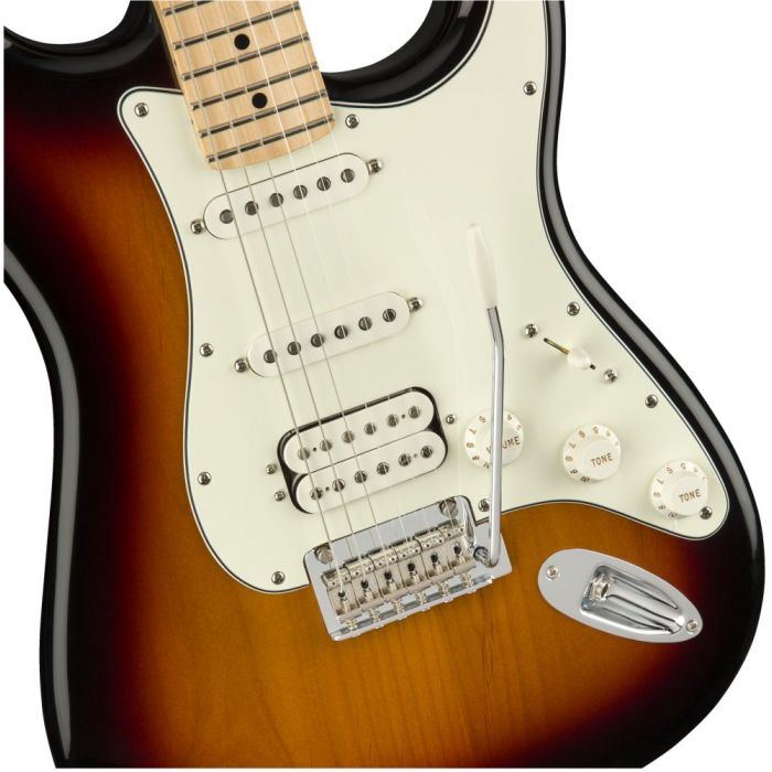 Front closeup view of a Fender Player Stratocaster HSS MN 3-Colour Sunburst