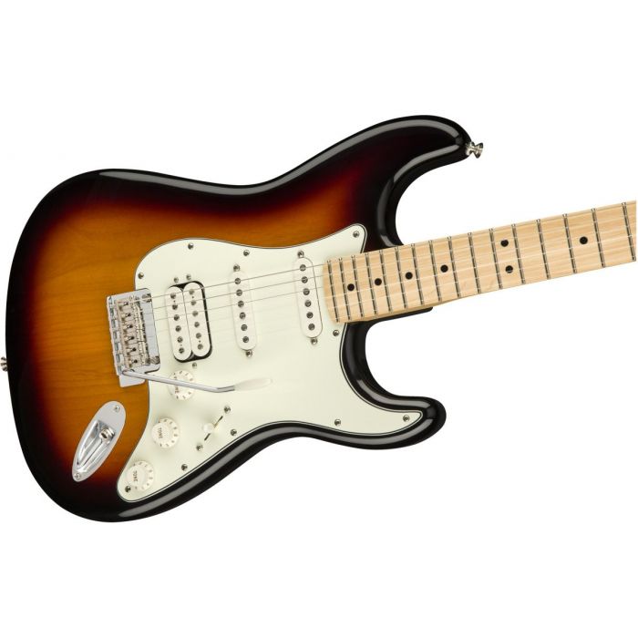 Front angled view of a Fender Player Stratocaster HSS MN 3-Colour Sunburst