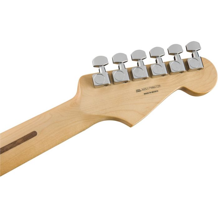 Rear view of the headstock on a Fender Player Stratocaster LH MN Polar White