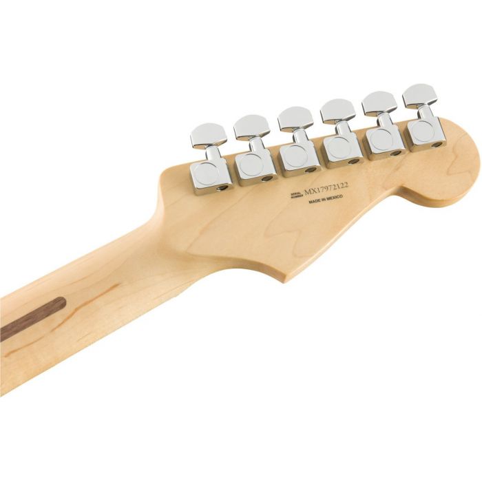 Rear view of the headstock on a Fender Player Stratocaster LH MN Tidepool