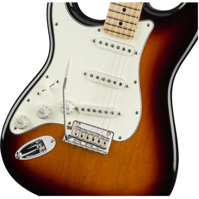 Closeup front view of a Fender Player Stratocaster LH MN 3-Colour Sunburst