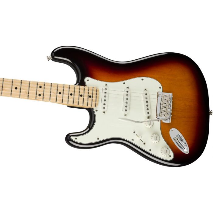 Front angled view of a Fender Player Stratocaster LH MN 3-Colour Sunburst