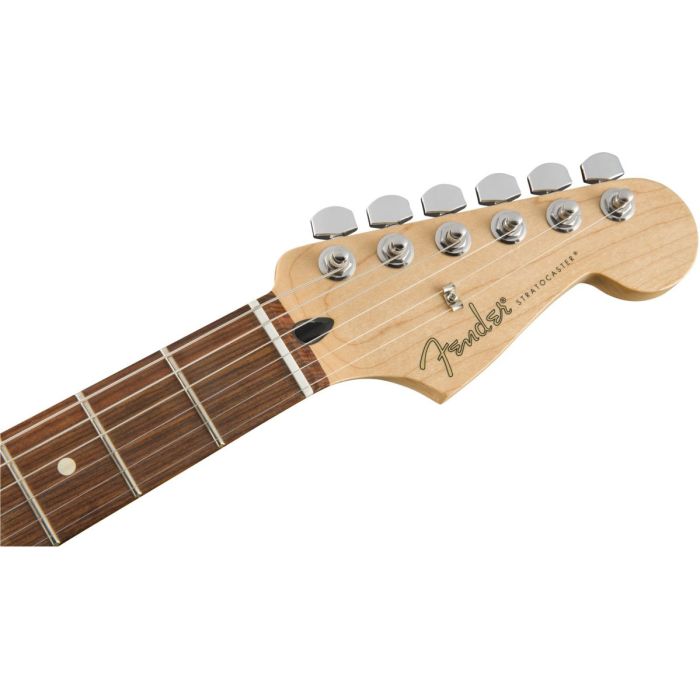 Front view of the headstock on a Fender Player Stratocaster PF Polar White