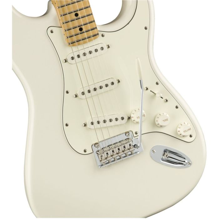 Front closeup view of a Fender Player Stratocaster MN Polar White