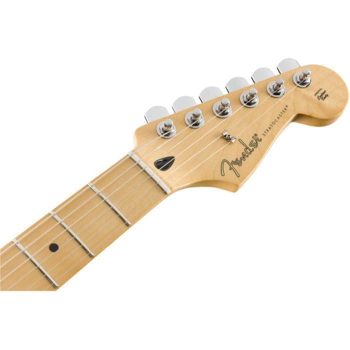 Front view of the headstock on a Fender Player Stratocaster MN Polar White