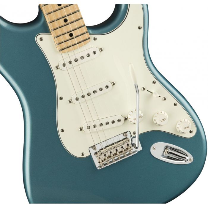 Closeup front view of a Fender Player Stratocaster MN Tidepool