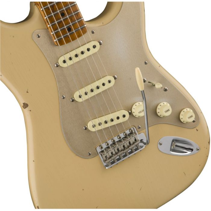 Front closeup image of a Fender CS Limited 56 Fat Roasted Strat Relic Aged Desert Sand