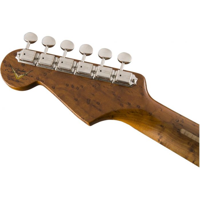 Rear view of the headstock on a Fender CS Limited 56 Fat Roasted Strat Relic Aged Desert Sand