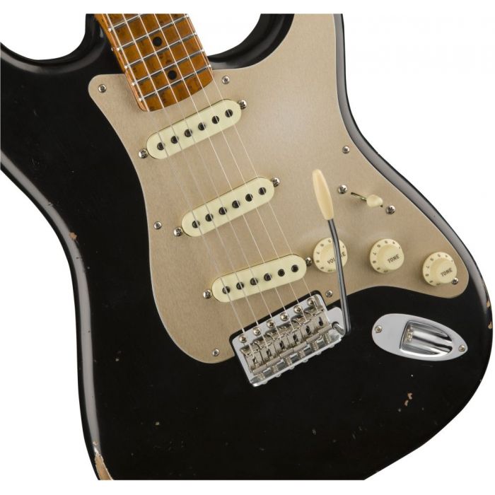 Closeup front view of a Fender CS LE 56 Fat Roasted Strat Relic Black